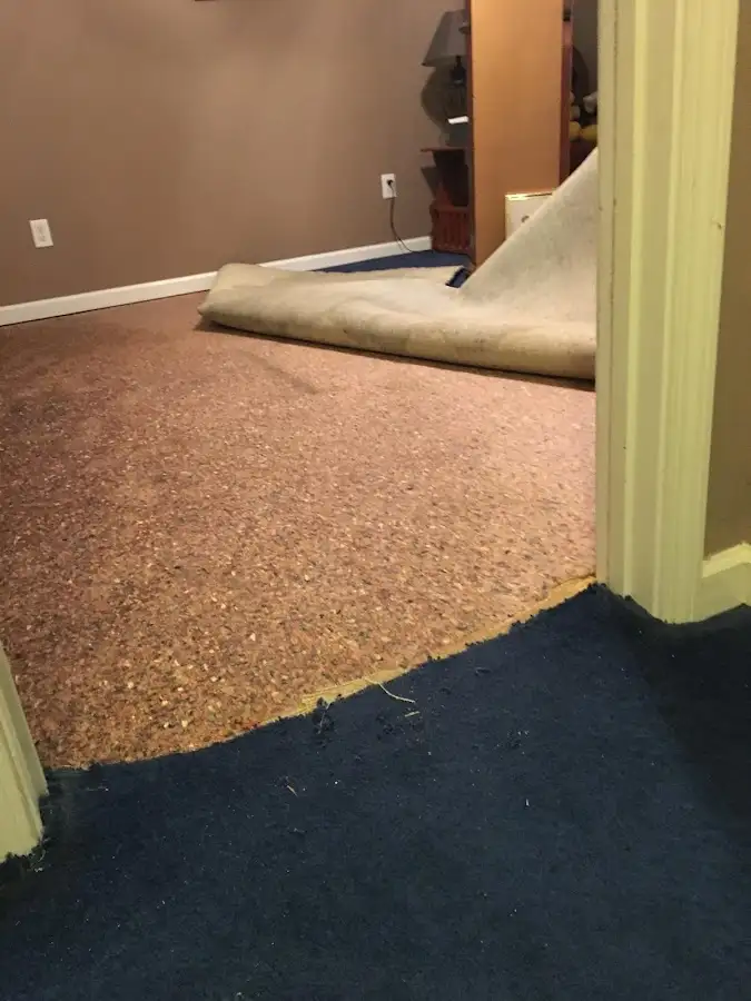 Carpet pad removal revealing water damage during Water Mitigation Services in Jordan